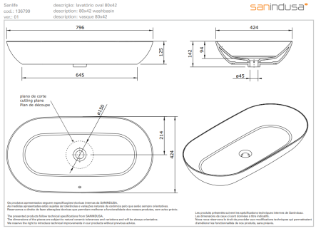 Раковина накладная 80x42 Sanindusa Sanlife 136799004